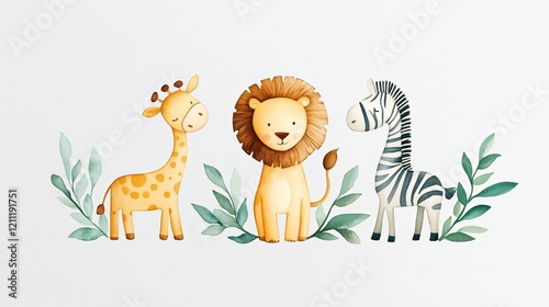 Fototapeta Naklejka Na Ścianę i Meble -  Safari Friends: A charming trio of adorable jungle animals – a giraffe, lion, and zebra – stand together in a watercolor illustration, capturing the spirit of wild adventure and childlike wonder. 