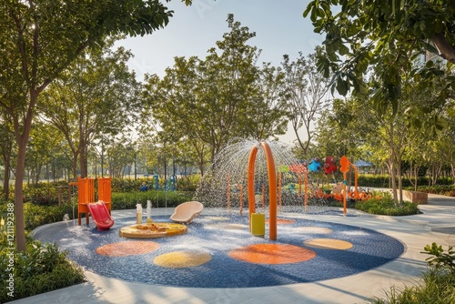 Bright and Playful Water Playground with Colorful Slides and Water Features Surrounded by Lush Green Trees on a Sunny Day