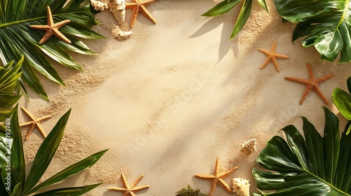 tropical beach flat lay scene, verdant leaf frame design, scattered golden starfish elements, sand toned backdrop, palm and monstera foliage border, minimalist coastal arrangement, natural beach photo