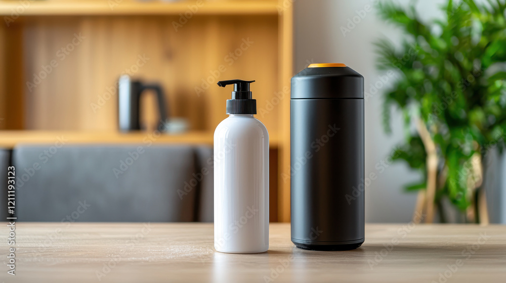 White bottle with pump and black container on wooden table in modern room White bottle with pump and black container on wooden table in modern room