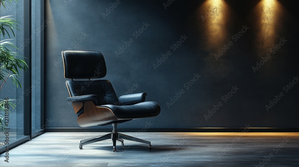 Fototapeta premium Modern black swivel chair in a stylish, minimalistic room with soft lighting and greenery