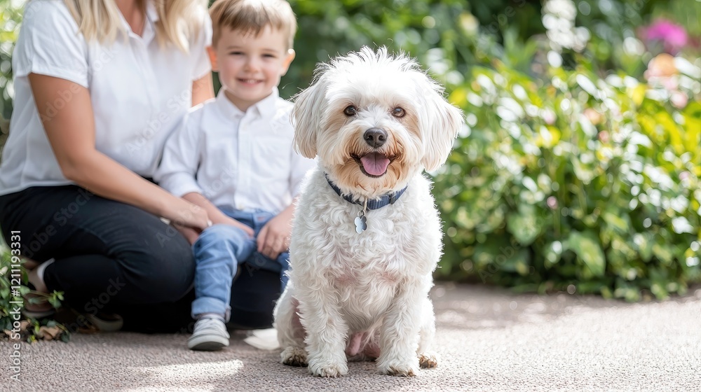 Happy family with dog in garden, summer day. Use Family pet, adoption Happy family with dog in garden, summer day. Use Family pet, adoption