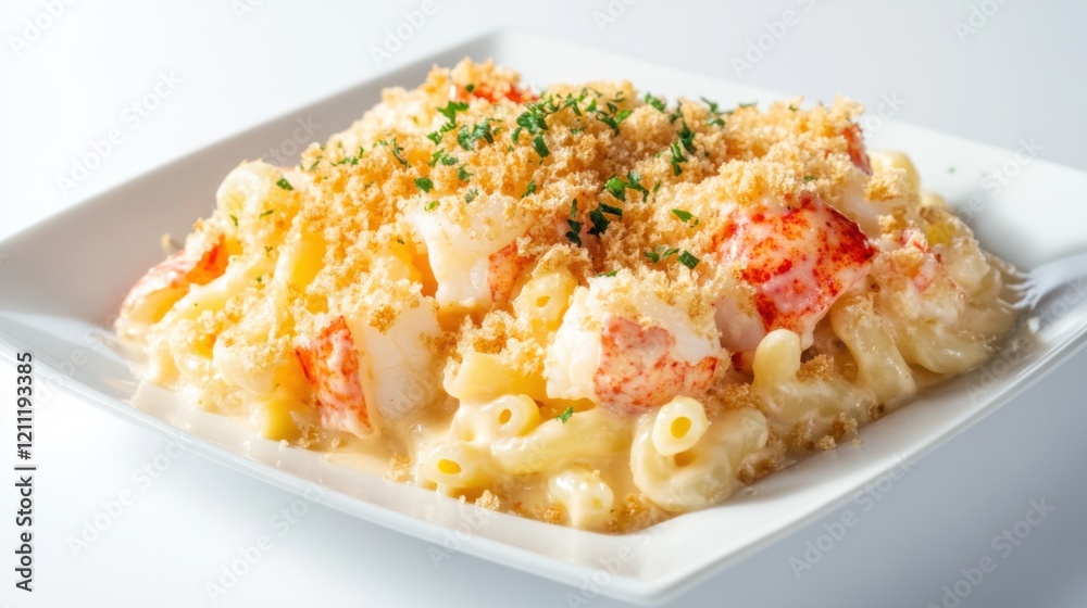 A plate of creamy lobster mac and cheese with chunks of tender lobster, rich cheese sauce, and a breadcrumb topping A plate of creamy lobster mac and cheese with chunks of tender lobster, rich cheese sauce, and a breadcrumb topping
