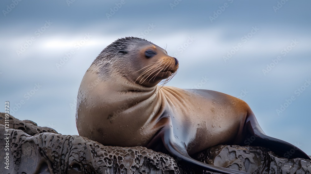 Obraz premium A seal is laying peacefully on a rock with a bright blue sky behind it