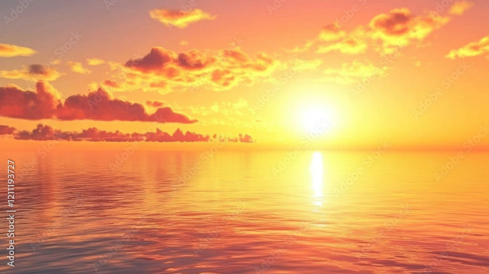 Golden sunset view over a calm sea with clouds reflecting light on the water surface Golden sunset view over a calm sea with clouds reflecting light on the water surface