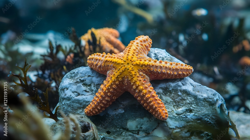 A starfish is comfortably sitting on a rock that is located in the ocean A starfish is comfortably sitting on a rock that is located in the ocean