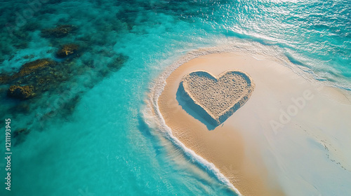 A love-filled beach composition showcasing a heart drawn in soft white sand.
