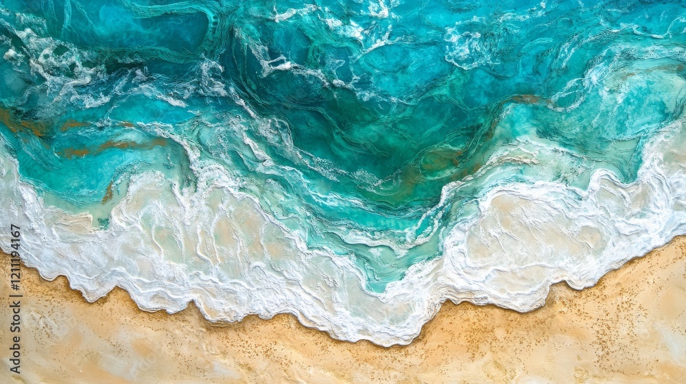 Obraz premium overhead paradise view, vibrant turquoise seascape, powdery sand shoreline, rhythmic water ripples, miniature human presence, crystalline ocean patterns, gentle surf lines, peaceful coastal scene,