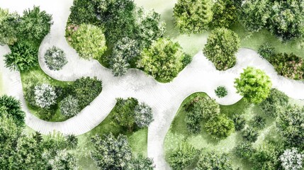 Leinwandbilder Olivgrün landscape architecture planning symbols, delicate watercolor tree renderings, diverse bush representations, natural green color palette, professional garden mapping elements, organic foliage  © Chaikit