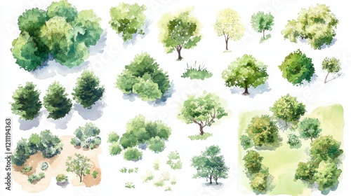 environmental design resource collection, tender watercolor vegetation symbols, variety of tree canopy sizes, subtle green tonal variations, professional landscaping elements, organic botanical photo