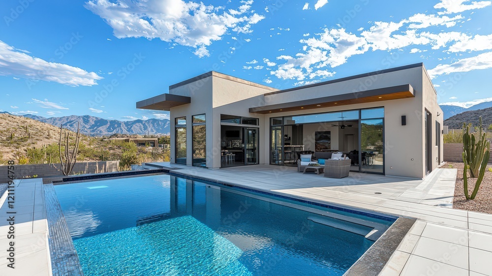 Fototapeta premium Modern home with a sleek pool deck, large glass doors, and a panoramic mountain view