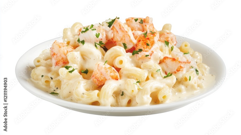 A plate of creamy lobster mac and cheese with tender lobster meat, macaroni pasta, and a creamy cheese sauce A plate of creamy lobster mac and cheese with tender lobster meat, macaroni pasta, and a creamy cheese sauce