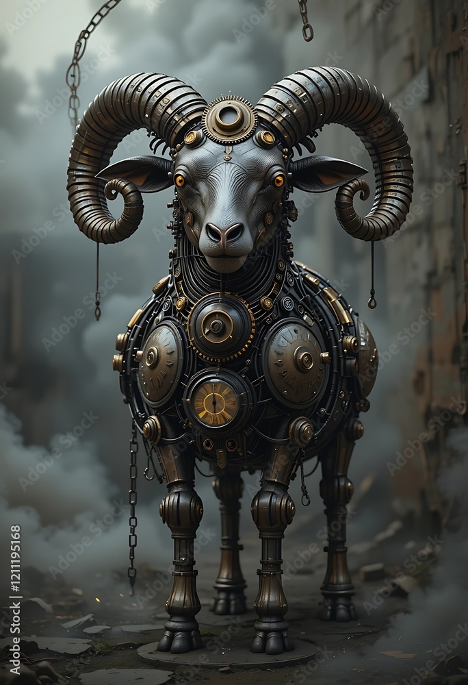 Naklejka premium Steampunk Ram Detailed Clockwork Gears Dark Moody Art