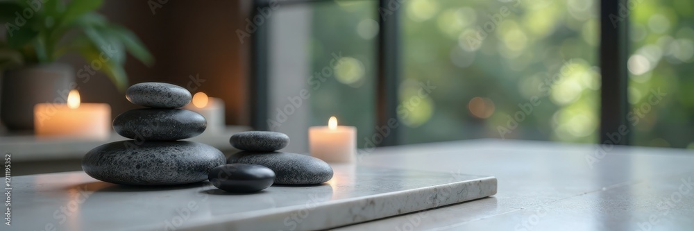 Soothing ambiance with spa stones on grey marble table, wellness, neutral tones, Soothing ambiance with spa stones on grey marble table, wellness, neutral tones,