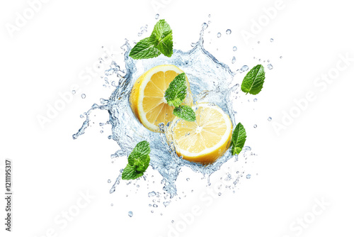 Fresh lemon slices with mint leaves in water splash isolated on white or transparent PNG