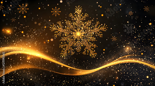 Radiant golden snowflake frame with glowing particles and smooth wave flow photo