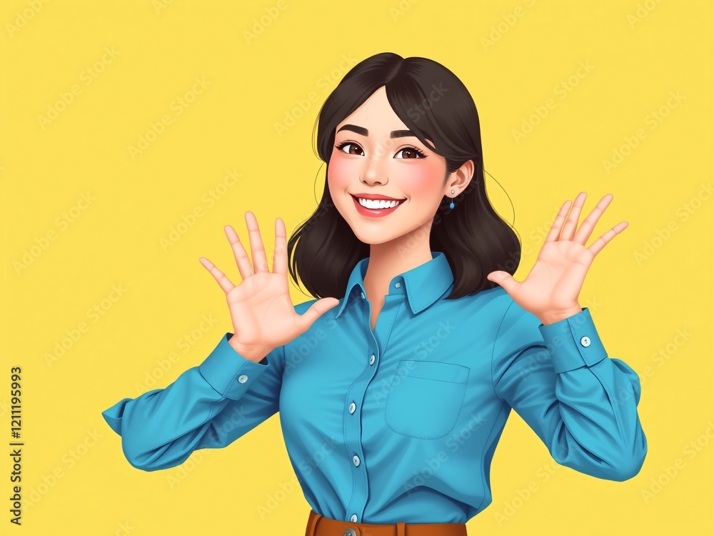 Cheerful woman gestures with both hands while smiling, wearing a blue shirt and standing against a vivid yellow background, expressing happiness and positivity. Cheerful woman gestures with both hands while smiling, wearing a blue shirt and standing against a vivid yellow background, expressing happiness and positivity.
