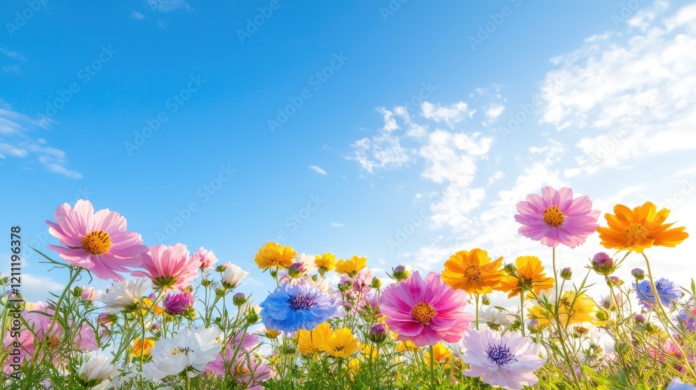 Fototapeta premium Vibrant cosmos flowers blooming in a sunny field under a clear blue sky.