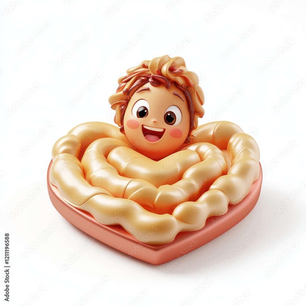 Naklejka premium Cute cartoon baby, heart-shaped pie crust, whimsical food art, smiling pastry character, 3D rendered, beige and pink tones, glossy texture, playful dessert concept, rounded shapes, baked goods illustr
