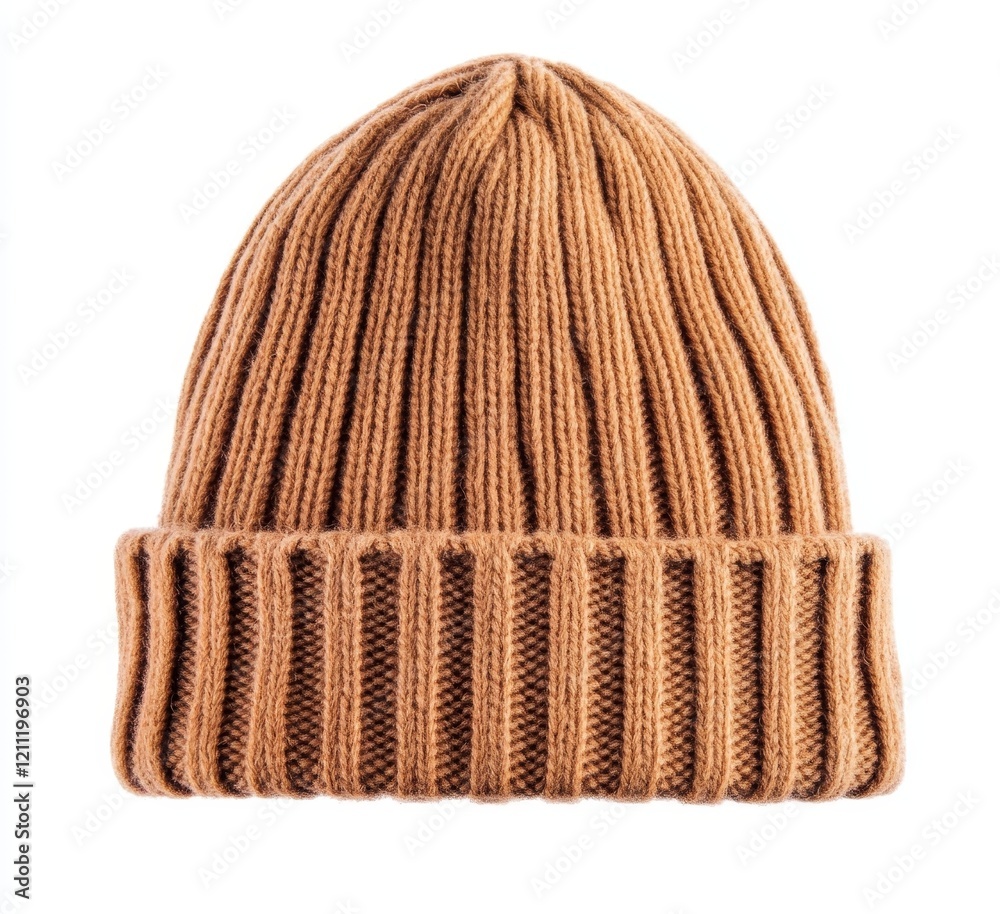 Fototapeta premium Tan ribbed knit beanie hat isolated on white. (1)