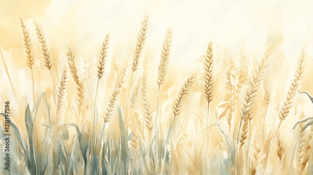 Fototapeta premium Golden Wheat Field Watercolor Painting: A Serene Harvest Scene