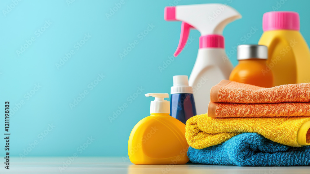 Colorful cleaning supplies and towels on wooden surface against blue background Colorful cleaning supplies and towels on wooden surface against blue background