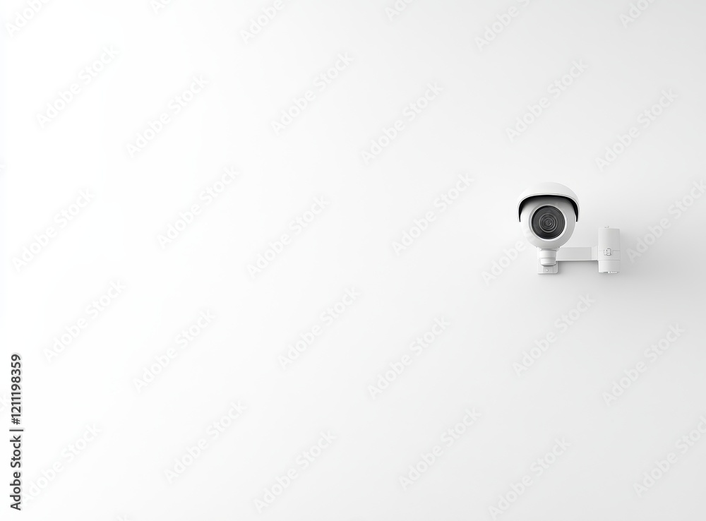 White security camera mounted on a plain white wall. White security camera mounted on a plain white wall.