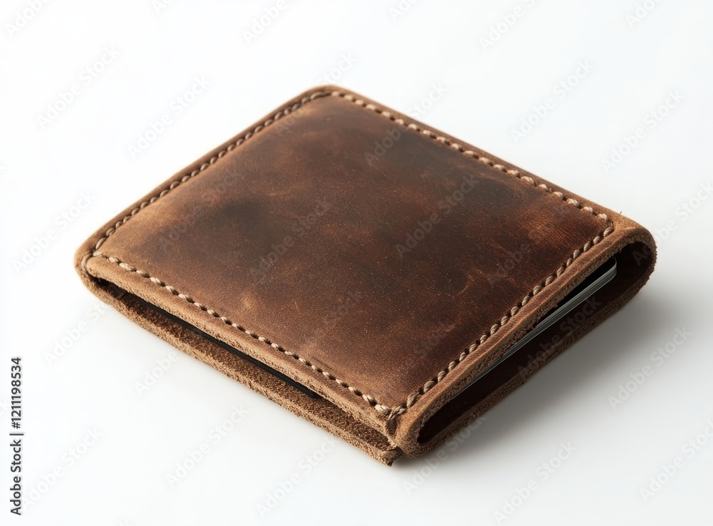 Brown leather wallet, minimalist design, stitched edges, on white background. Brown leather wallet, minimalist design, stitched edges, on white background.