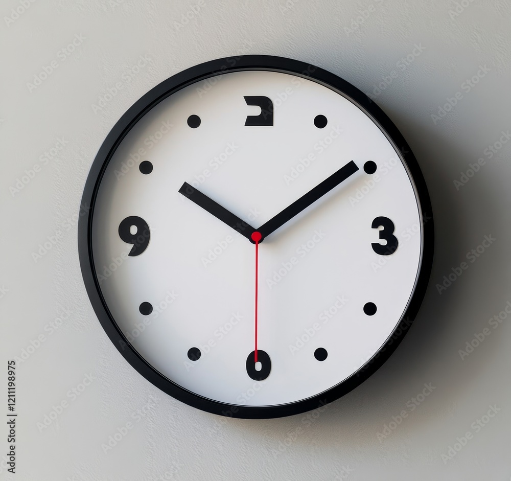 Minimalist black clock with white face and red second hand showing 255. Minimalist black clock with white face and red second hand showing 255.