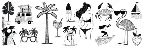 Hand drawn style summer icon set. Cartoon doodle illustrations of holiday elements