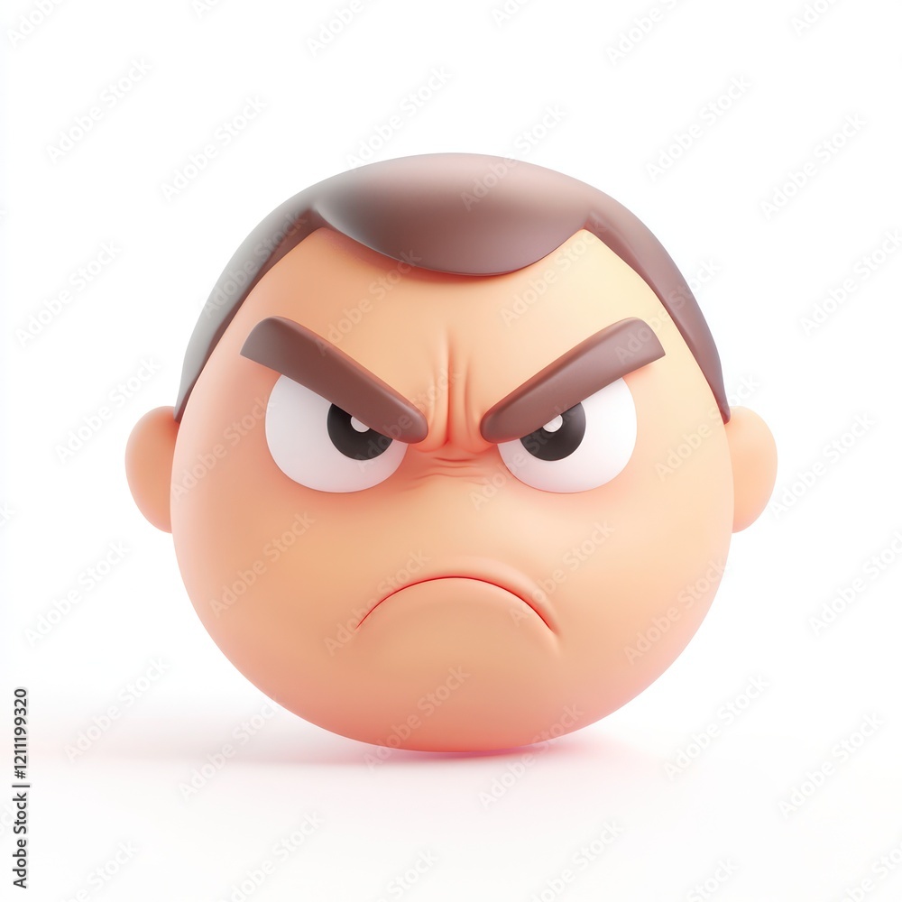3D cartoon character head, angry expression, furrowed brow, round face, minimalist design, soft lighting, peach skin tone, dark eyebrows, subtle shading, glossy finish, simple background, emoji-like, 3D cartoon character head, angry expression, furrowed brow, round face, minimalist design, soft lighting, peach skin tone, dark eyebrows, subtle shading, glossy finish, simple background, emoji-like,
