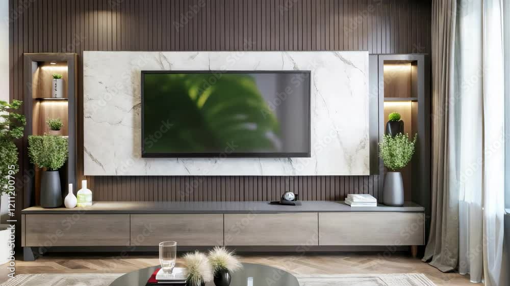 A balance of technology and aesthetics, with a TV in the center of the interior