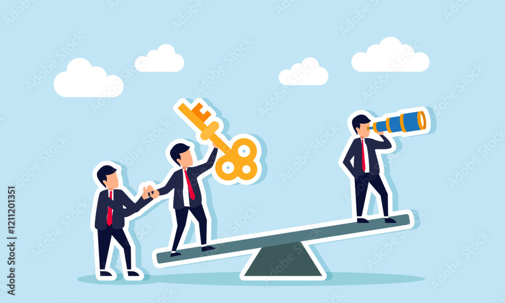 Businesspeople play on a seesaw, some observing with binoculars, one holding a key, and another support the lamp holder, illustration of analyze competitor problem-solving strategies Businesspeople play on a seesaw, some observing with binoculars, one holding a key, and another support the lamp holder, illustration of analyze competitor problem-solving strategies