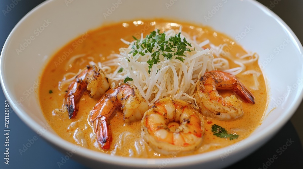 A bowl of Singapore laksa with spicy coconut broth, shrimp, and noodles A bowl of Singapore laksa with spicy coconut broth, shrimp, and noodles