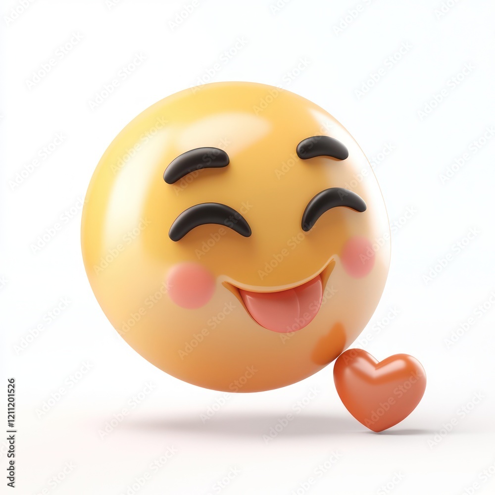 Fototapeta premium 3D emoji, smiling face with closed eyes, blushing cheeks, red heart, glossy finish, cute expression, yellow sphere, digital render, soft lighting, minimalist background, playful mood, vector style