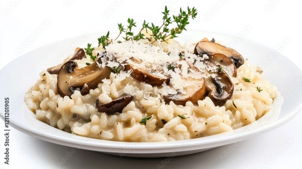 A plate of creamy mushroom risotto with Arborio rice, mixed mushrooms, Parmesan cheese A plate of creamy mushroom risotto with Arborio rice, mixed mushrooms, Parmesan cheese