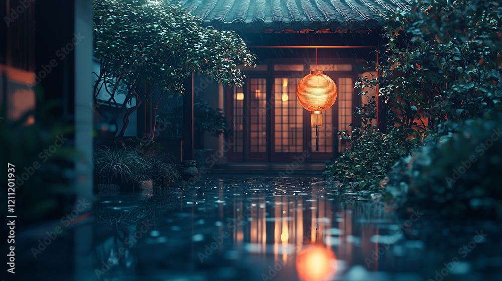 Obraz premium A traditional chinese courtyard with a hanging lantern reflecting in the wet ground