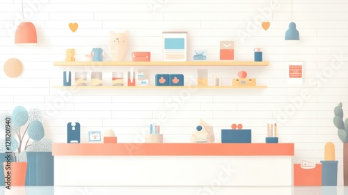 Pastel-colored minimalist office or shop interior with shelves and counter.