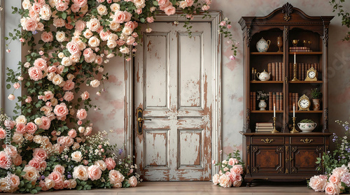 Vintage-style backdrop featuring abundant pink garden roses, possibly Eden Rose 85, framing an old door and set beside an antique cabinet. Ideal for Valentine's Day.

 photo