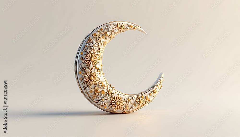 Ornate Golden Floral Crescent Moon: Elegant 3D Render Ornate Golden Floral Crescent Moon: Elegant 3D Render
