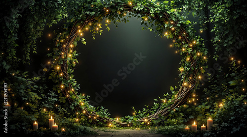 Circular frame entwined with lush greenery and small warm lights, creating an enchanted forest effect. Ideal for fantasy or nature-themed events.

