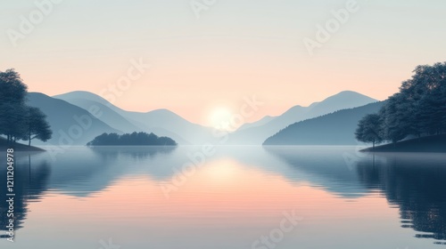 Wallpaper Mural Serene sunrise over calm lake and misty mountains. Torontodigital.ca