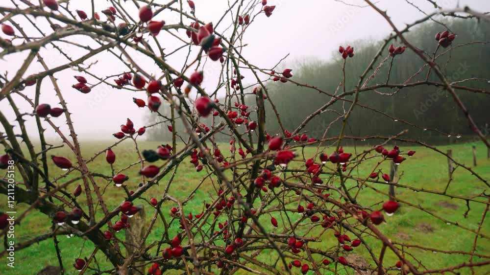 Close-up of red berries on thorny branches, covered in raindrops, set against a foggy rural meadow. Captures the serene and moody atmosphere of nature in wet and overcast weather. Close-up of red berries on thorny branches, covered in raindrops, set against a foggy rural meadow. Captures the serene and moody atmosphere of nature in wet and overcast weather.