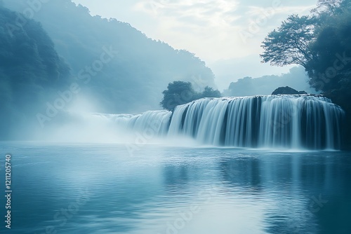 Serene Waterfall Cascading into Calm Blue Water