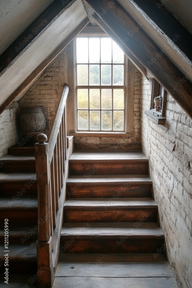 Fototapeta premium Wooden stairs ascend to attic window.