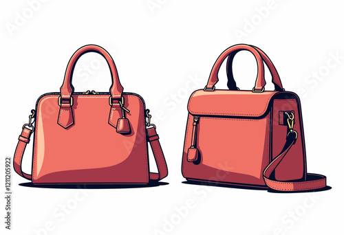 Flat Outline Bag Vector: Top Handle, Crossbody, Women's Design, Front, Back, Side Views, Line Icon Isolated, Pure White Background, Simple, Bag Template.

