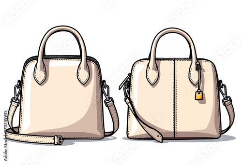 Top Handle Bag Template: Vector Flat Outline, Crossbody Women's Bag, Front, Back, Side Views, Isolated Line Icon, Simple Style, Pure White Background, Bag Icon.

