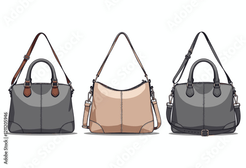 Crossbody Bag Vector: Top Handle, Flat Outline Template, Women's Bag, Front, Back & Side Views, Isolated Line Icon, Simple Style, Pure White Background.


