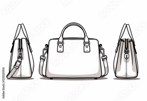 Top Handle Bag Vector: Flat Outline Template, Crossbody Women's Bag, Front, Back & Side View, Line Icon, Isolated, Pure White Background, Simple Style.

