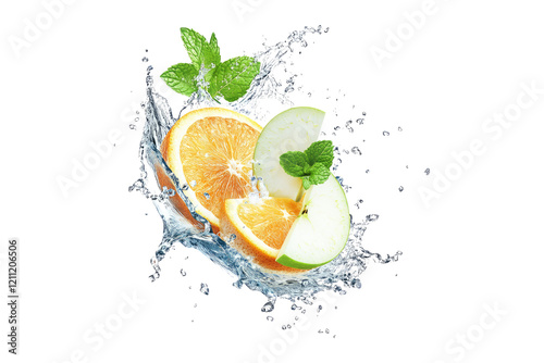 Fresh orange and apple slices with mint leaves in water splash isolated on white or transparent PNG
